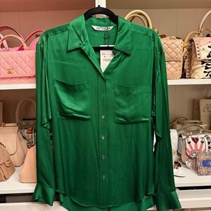 NWT Zara Green Satin Button-Up Blouse